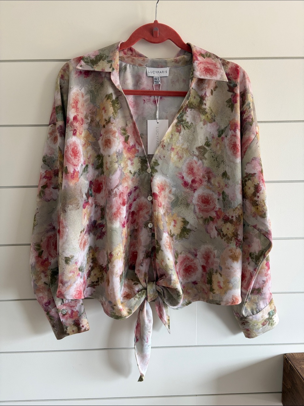 Lucy Paris Floral Tie-Front Button Down Shirt in Pink and Green NWT Size 1X